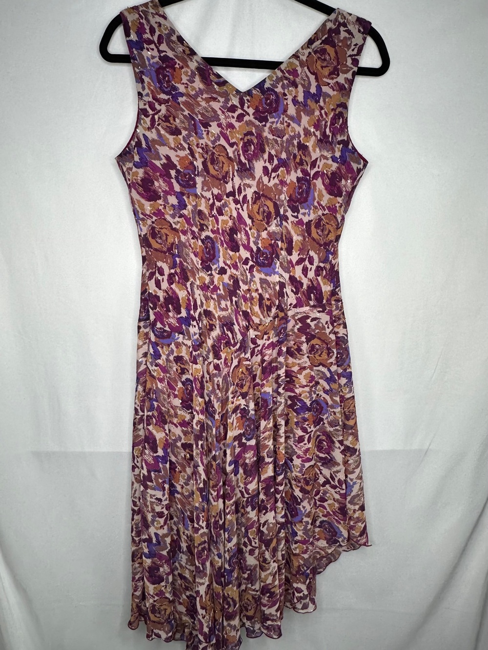 Rabbit Rabbit Rabbit Floral V-Neck Midi Dress Purple Tan Mix Asymmetrical Sz 16 - Picture 2 of 7